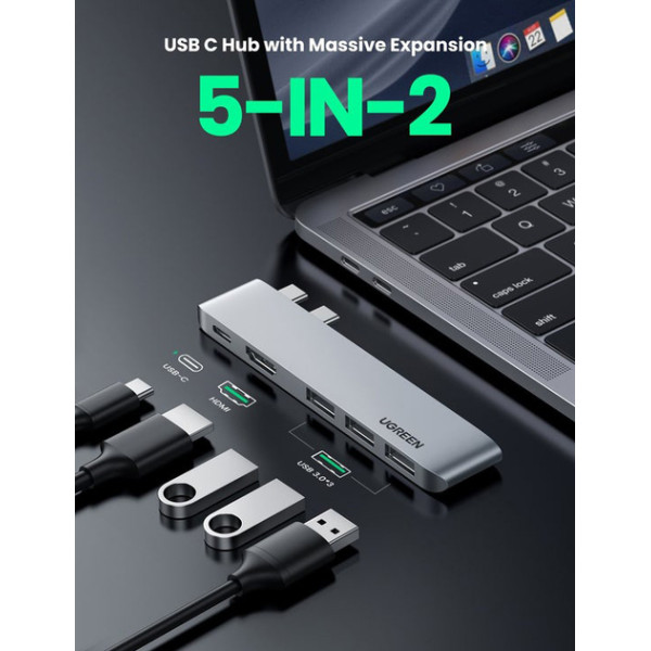   USB-хаб UGREEN CM251 5-in-2 Dual USB Type-C to 3x USB 3.0 + HDMI + USB Type-C Multifunction Adapter Space Gray (60559)